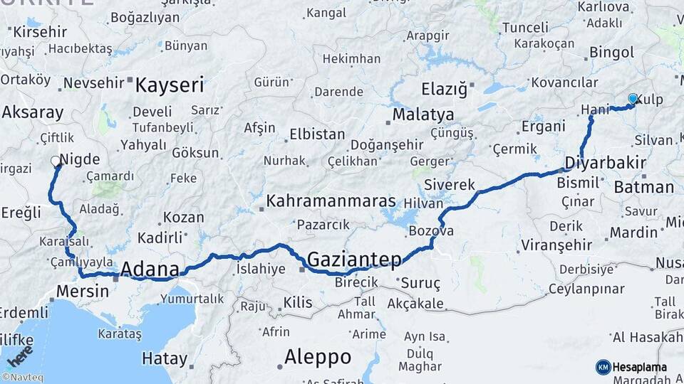 Diyarbakır Kulp Niğde Arası Kaç Km - Yol Haritası