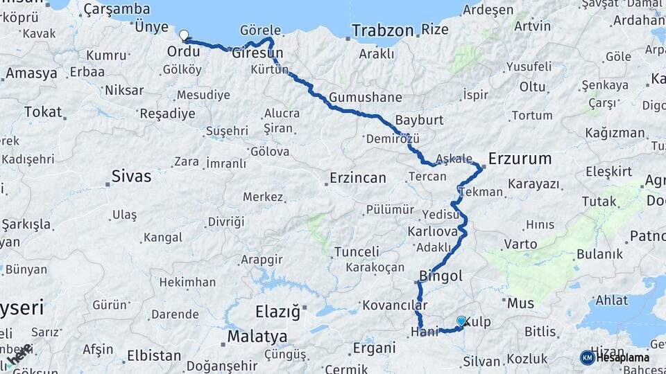 Diyarbakır Kulp Ordu Arası Kaç Km - Yol Haritası
