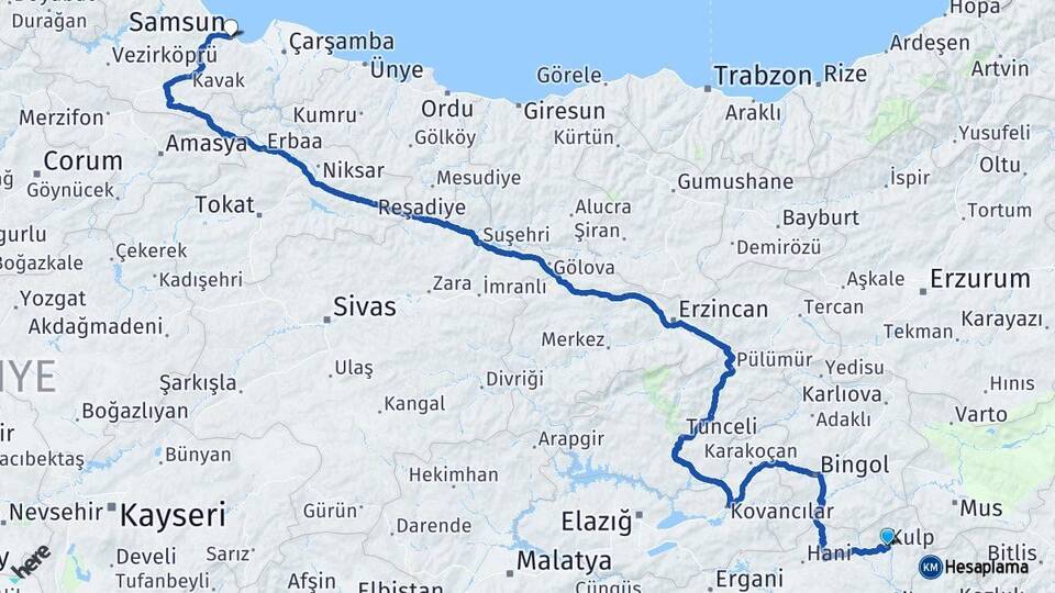 Diyarbakır Kulp Samsun Arası Kaç Km - Yol Haritası