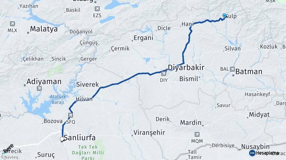 Diyarbakır Kulp Şanlıurfa Arası Kaç Km - Yol Haritası
