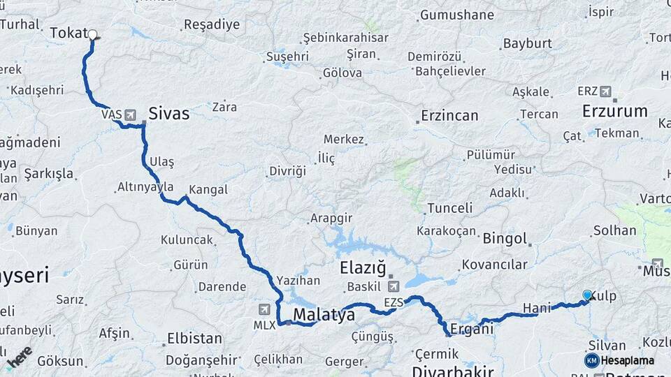 Diyarbakır Kulp Tokat Arası Kaç Km - Yol Haritası