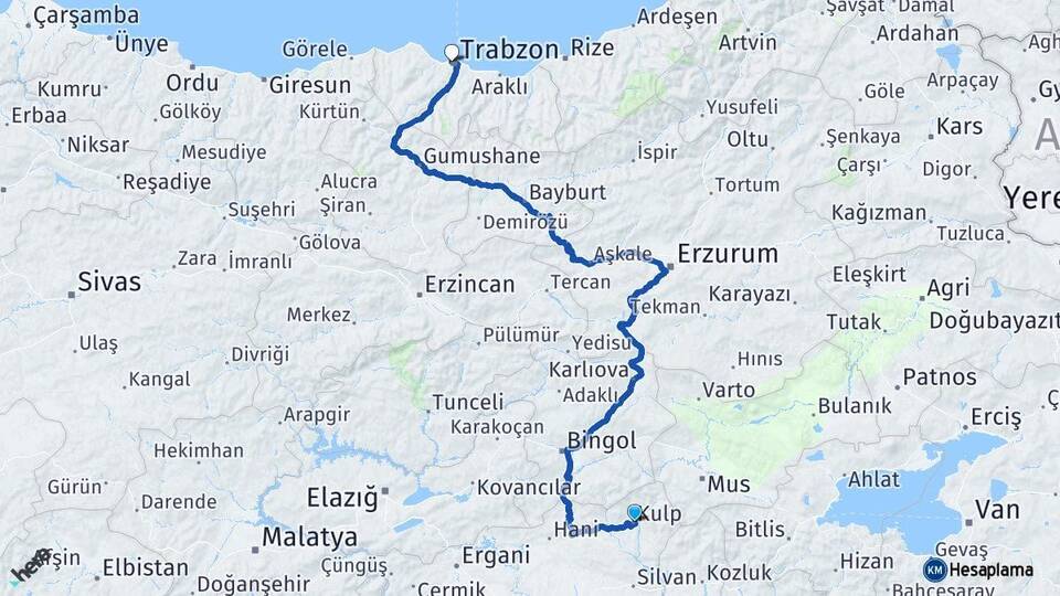 Diyarbakır Kulp Trabzon Arası Kaç Km - Yol Haritası