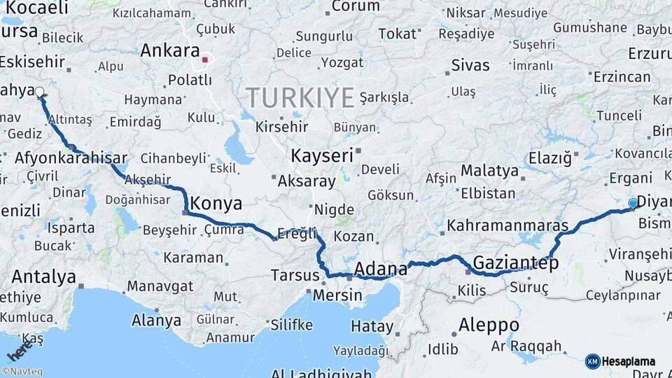 Diyarbakır Kütahya Arası Kaç Km - Yol Haritası