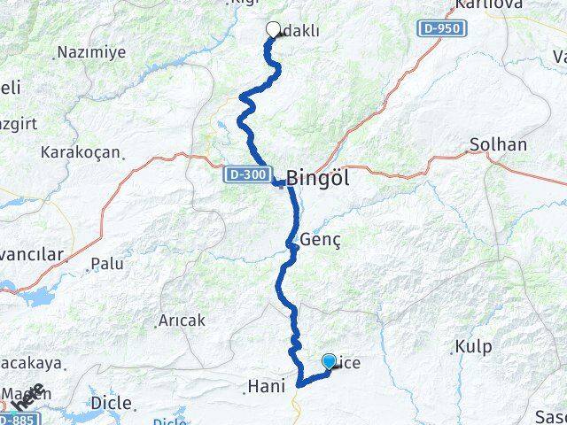 Diyarbakır Lice Adaklı Bingöl Arası Kaç Km - Yol Haritası