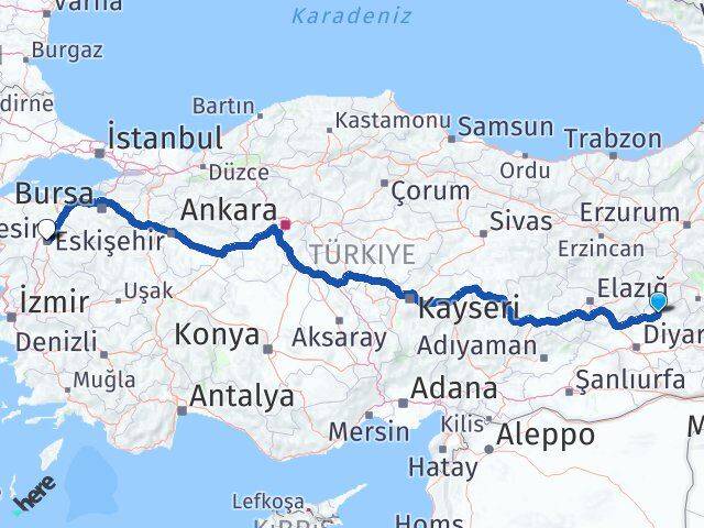 Diyarbakır Lice Balıkesir Arası Kaç Km - Yol Haritası