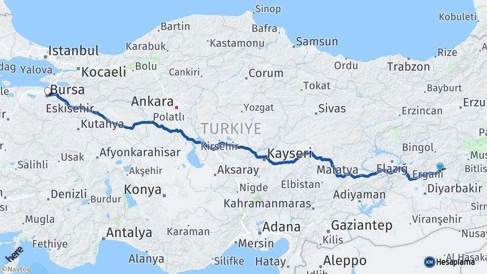 Diyarbakır Lice Bursa Arası Kaç Km - Yol Haritası