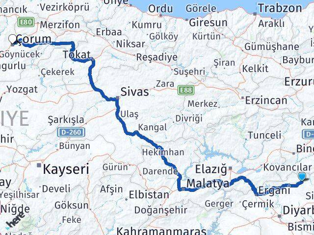 Diyarbakır Lice Çorum Arası Kaç Km - Yol Haritası
