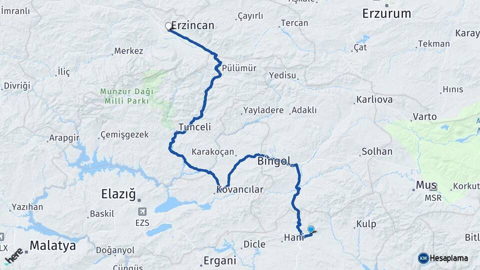Diyarbakır Lice Erzincan Arası Kaç Km - Yol Haritası
