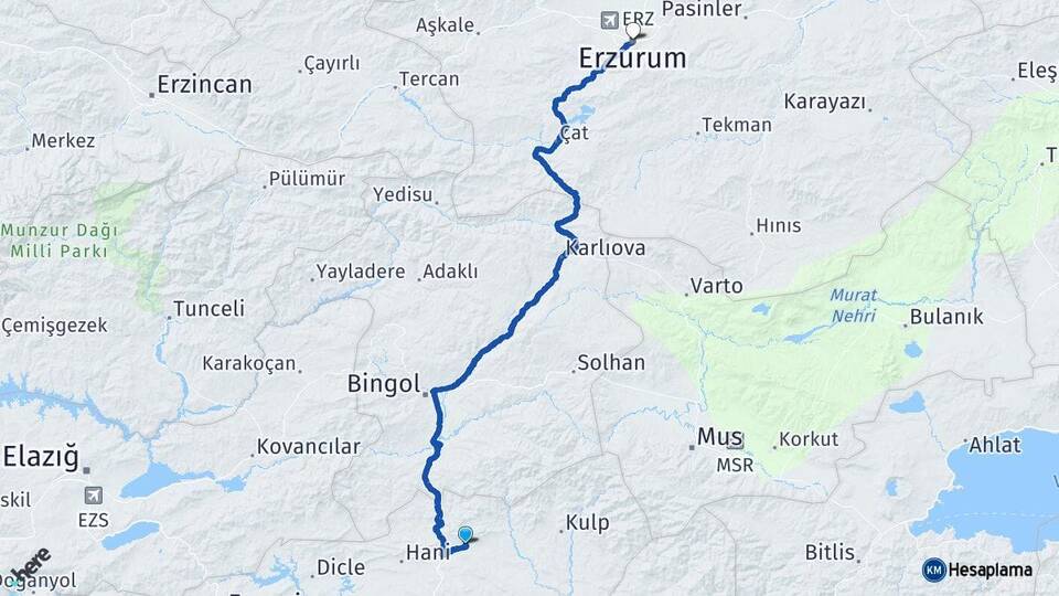 Diyarbakır Lice Erzurum Arası Kaç Km - Yol Haritası