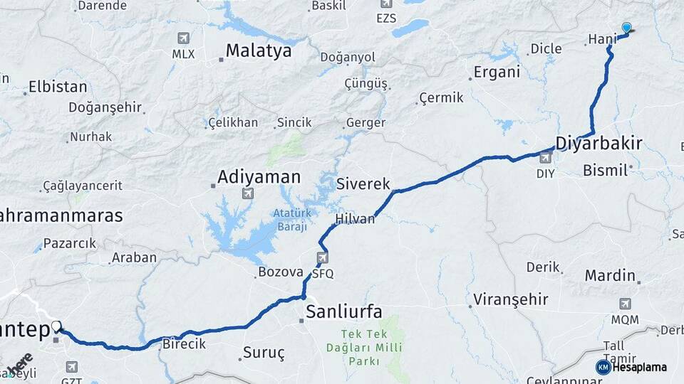 Diyarbakır Lice Gaziantep Arası Kaç Km - Yol Haritası