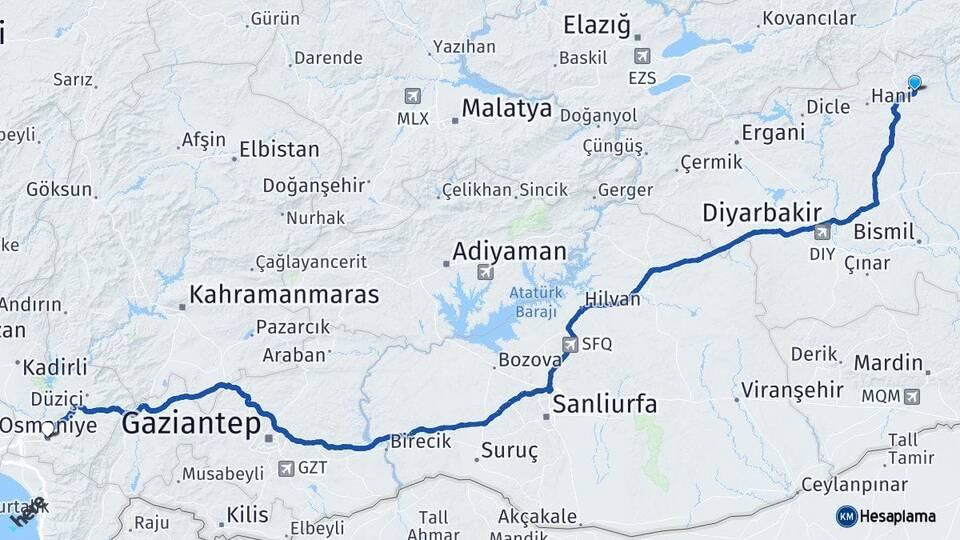 Diyarbakır Lice Osmaniye Arası Kaç Km - Yol Haritası