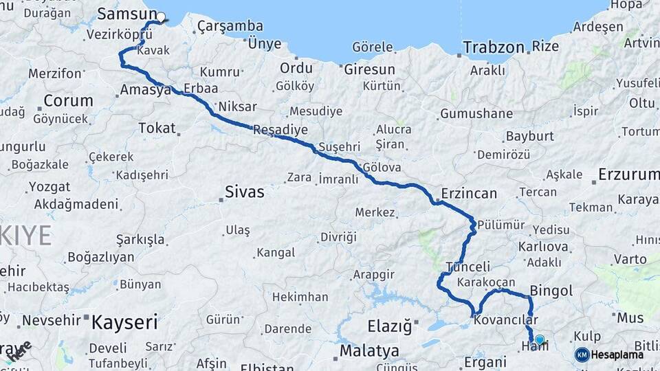 Diyarbakır Lice Samsun Arası Kaç Km - Yol Haritası