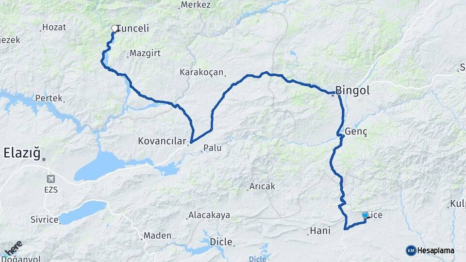 Diyarbakır Lice Tunceli Arası Kaç Km - Yol Haritası