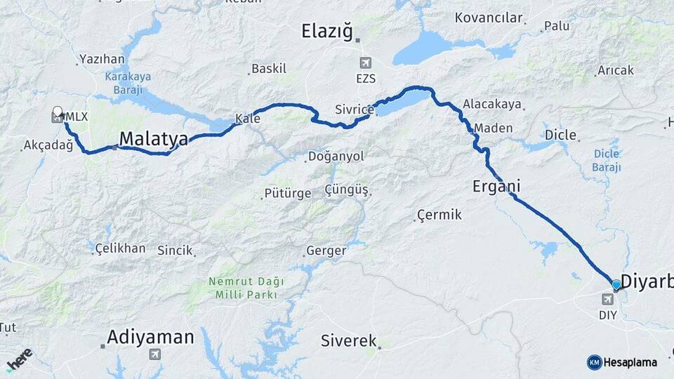 Diyarbakır Malatya Havalimanı Arası Kaç Km - Yol Haritası