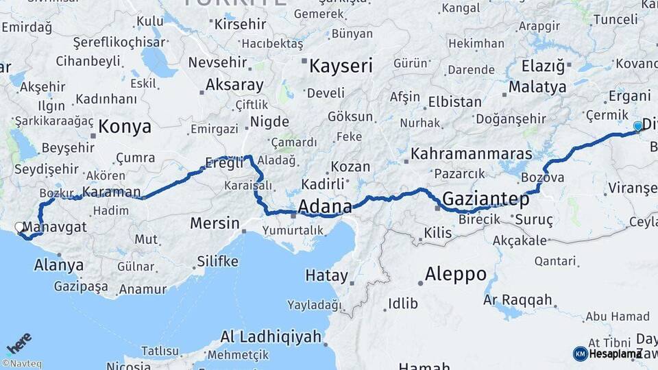 Diyarbakır Manavgat Antalya Arası Kaç Km - Yol Haritası