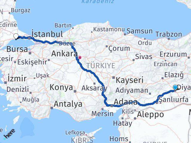 Diyarbakır Marmaraereğlisi Tekirdağ Arası Kaç Km - Yol Haritası