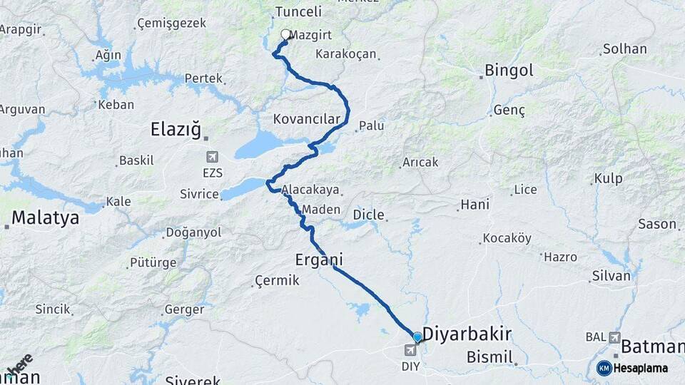 Diyarbakır Mazgirt Tunceli Arası Kaç Km - Yol Haritası