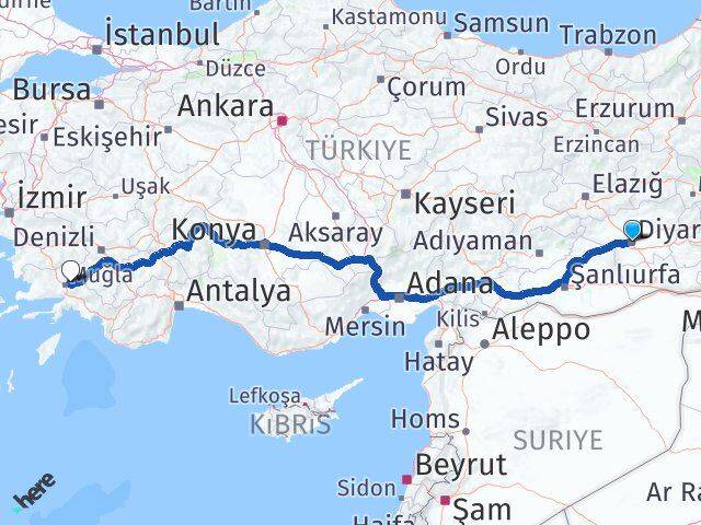 Diyarbakır Menteşe Muğla Arası Kaç Km - Yol Haritası