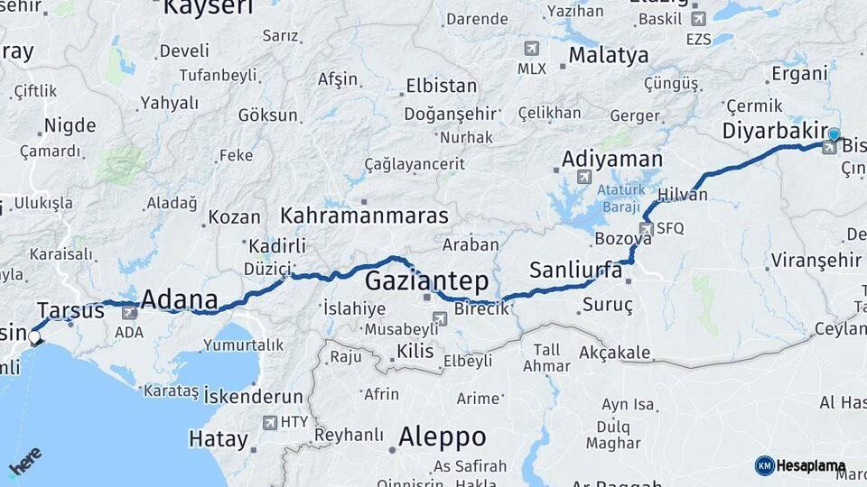 Diyarbakır Mersin Arası Kaç Km - Yol Haritası