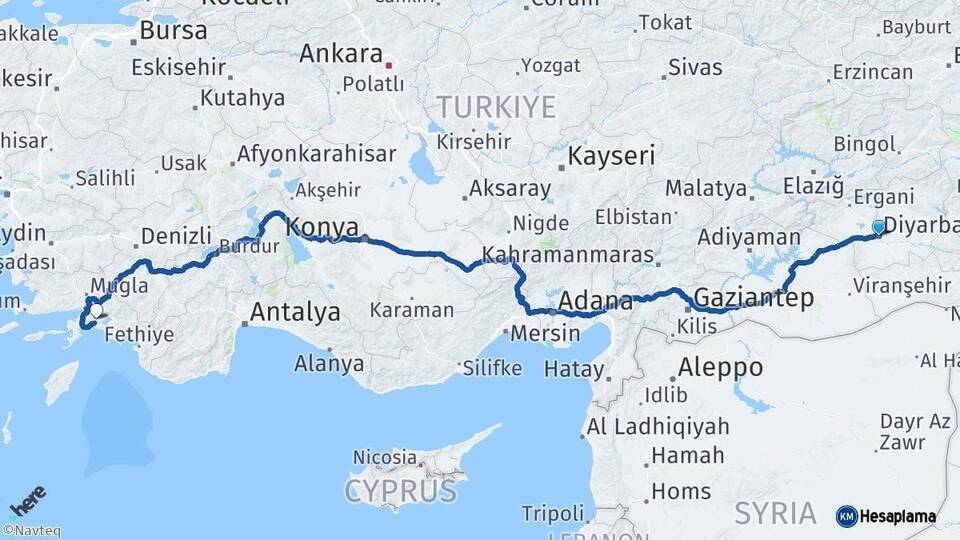 Diyarbakır Muğla Arası Kaç Km - Yol Haritası