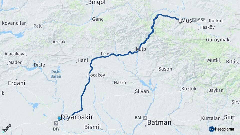 Diyarbakır Muş Arası Kaç Km - Yol Haritası