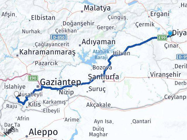 Diyarbakır Musabeyli Kilis Arası Kaç Km - Yol Haritası