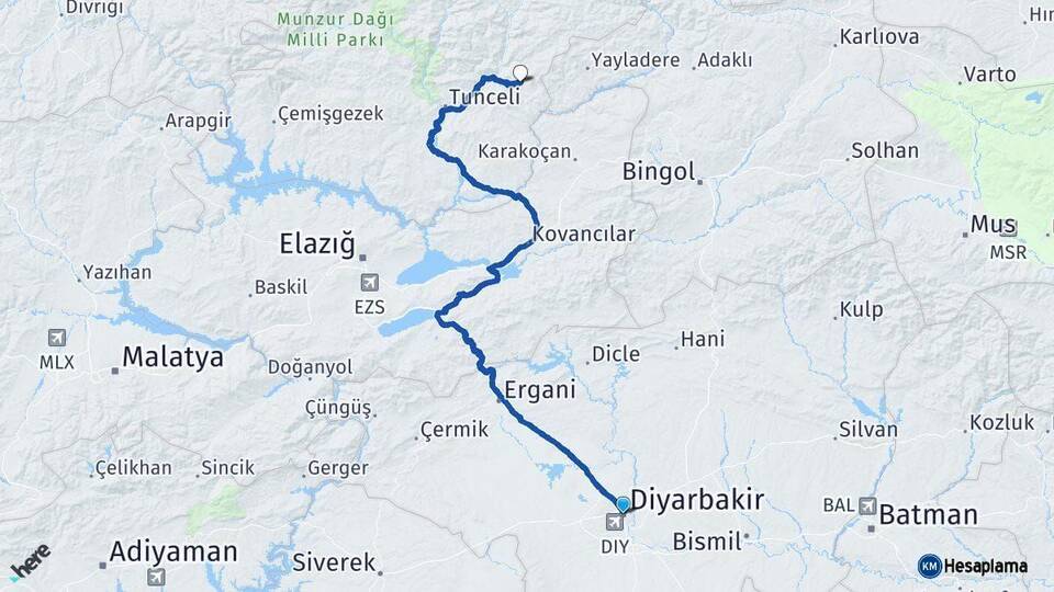 Diyarbakır Nazımiye Tunceli Arası Kaç Km - Yol Haritası