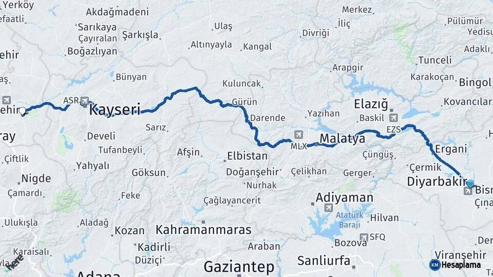 Diyarbakır Nevşehir Arası Kaç Km - Yol Haritası