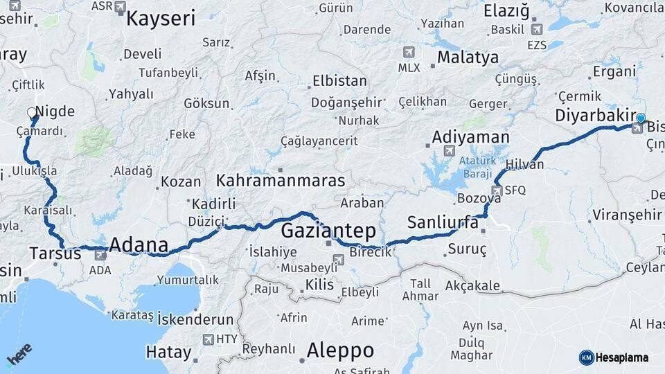 Diyarbakır Niğde Arası Kaç Km - Yol Haritası