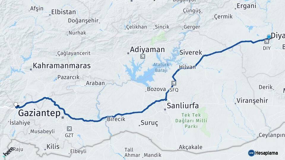 Diyarbakır Nurdağı Gaziantep Arası Kaç Km - Yol Haritası
