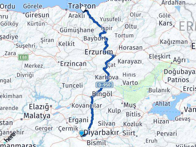 Diyarbakır Of Trabzon Arası Kaç Km - Yol Haritası
