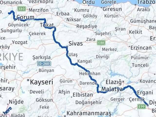 Diyarbakır Oğuzlar Çorum Arası Kaç Km - Yol Haritası