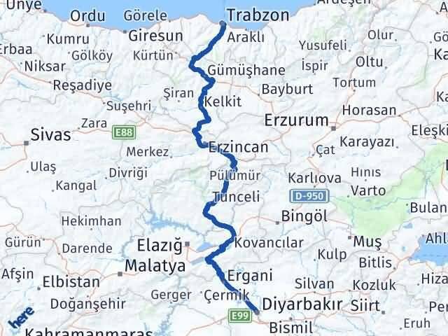 Diyarbakır Ortahisar Trabzon Arası Kaç Km - Yol Haritası