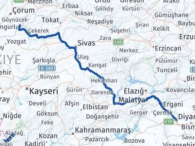 Diyarbakır Ortaköy Çorum Arası Kaç Km - Yol Haritası