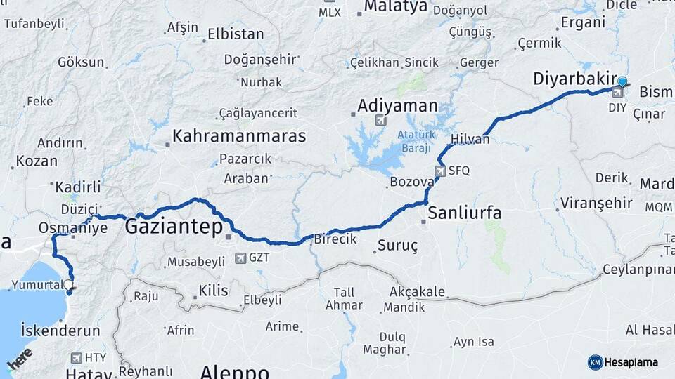 Diyarbakır Payas Hatay Arası Kaç Km - Yol Haritası