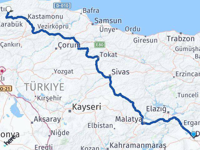 Diyarbakır Pınarbaşı Kastamonu Arası Kaç Km - Yol Haritası