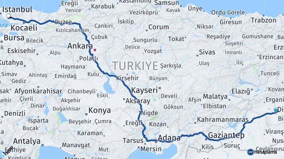 Diyarbakır Sabiha Gökçen Havalimanı Arası Kaç Km - Yol Haritası