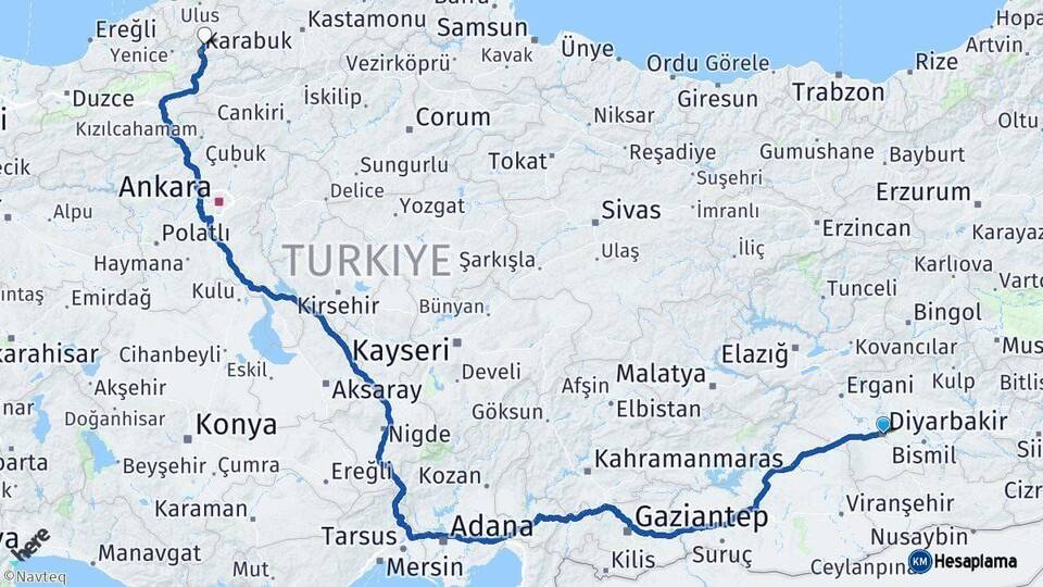 Diyarbakır Safranbolu Karabük Arası Kaç Km - Yol Haritası