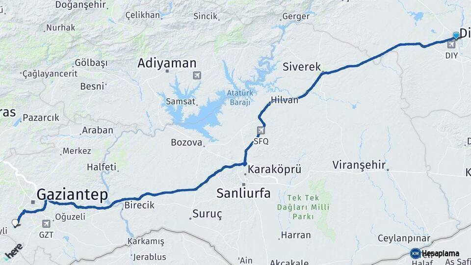 Diyarbakır Şahinbey Gaziantep Arası Kaç Km - Yol Haritası