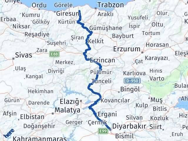 Diyarbakır Şalpazarı Trabzon Arası Kaç Km - Yol Haritası