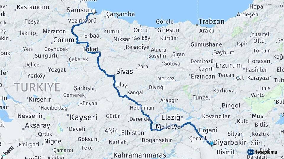 Diyarbakır Samsun Arası Kaç Km - Yol Haritası
