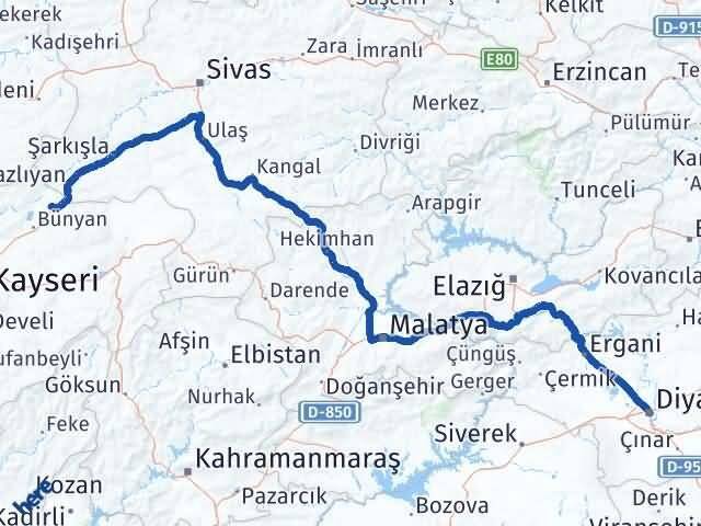 Diyarbakır Sarıoğlan Kayseri Arası Kaç Km - Yol Haritası