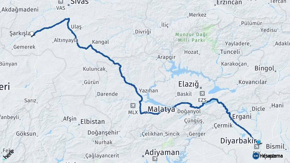 Diyarbakır Şarkışla Sivas Arası Kaç Km - Yol Haritası