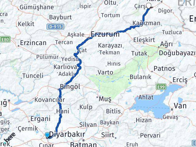 Diyarbakır Selim Kars Arası Kaç Km - Yol Haritası