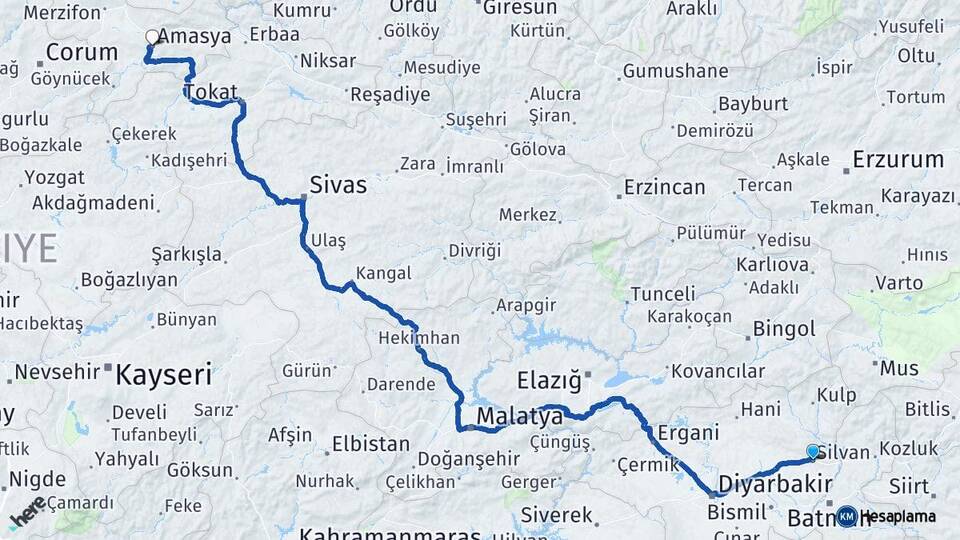 Diyarbakır Silvan Amasya Arası Kaç Km - Yol Haritası