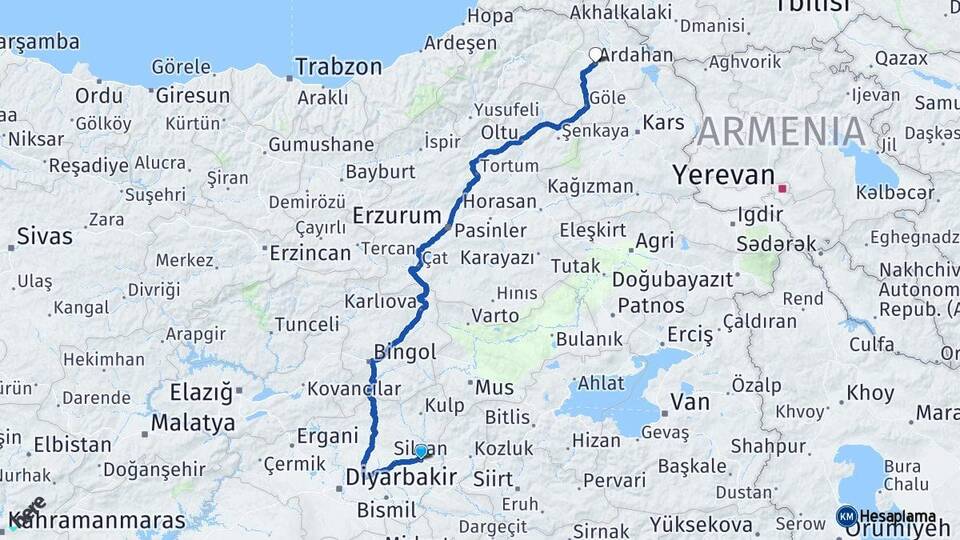 Diyarbakır Silvan Ardahan Arası Kaç Km - Yol Haritası