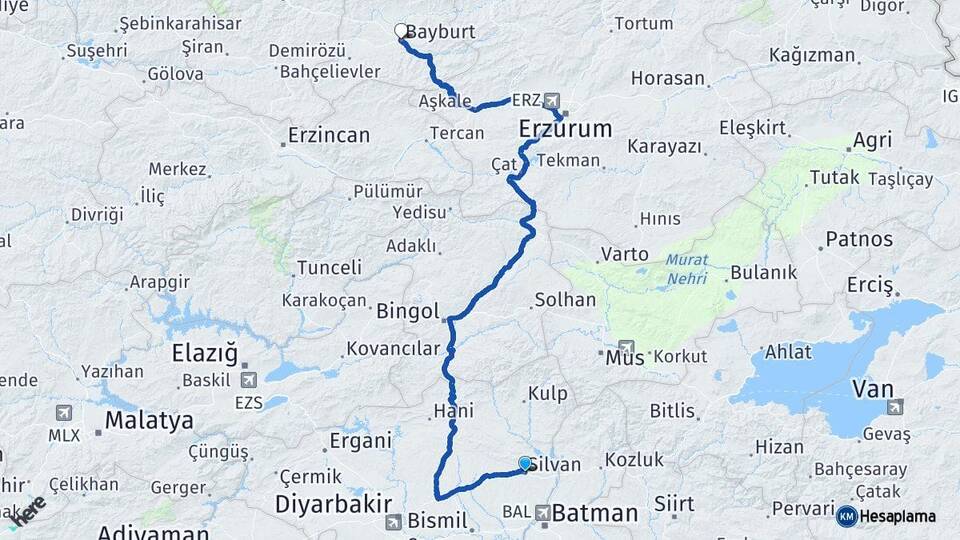 Diyarbakır Silvan Bayburt Arası Kaç Km - Yol Haritası