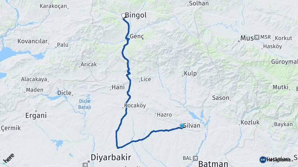 Diyarbakır Silvan Bingöl Arası Kaç Km - Yol Haritası