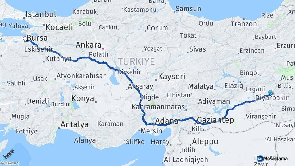 Diyarbakır Silvan Bursa Arası Kaç Km - Yol Haritası