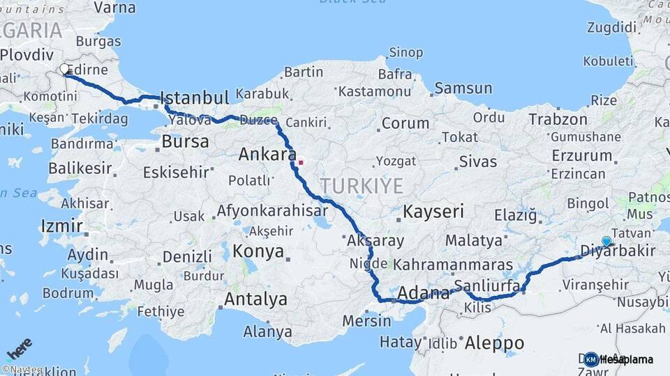 Diyarbakır Silvan Edirne Arası Kaç Km - Yol Haritası